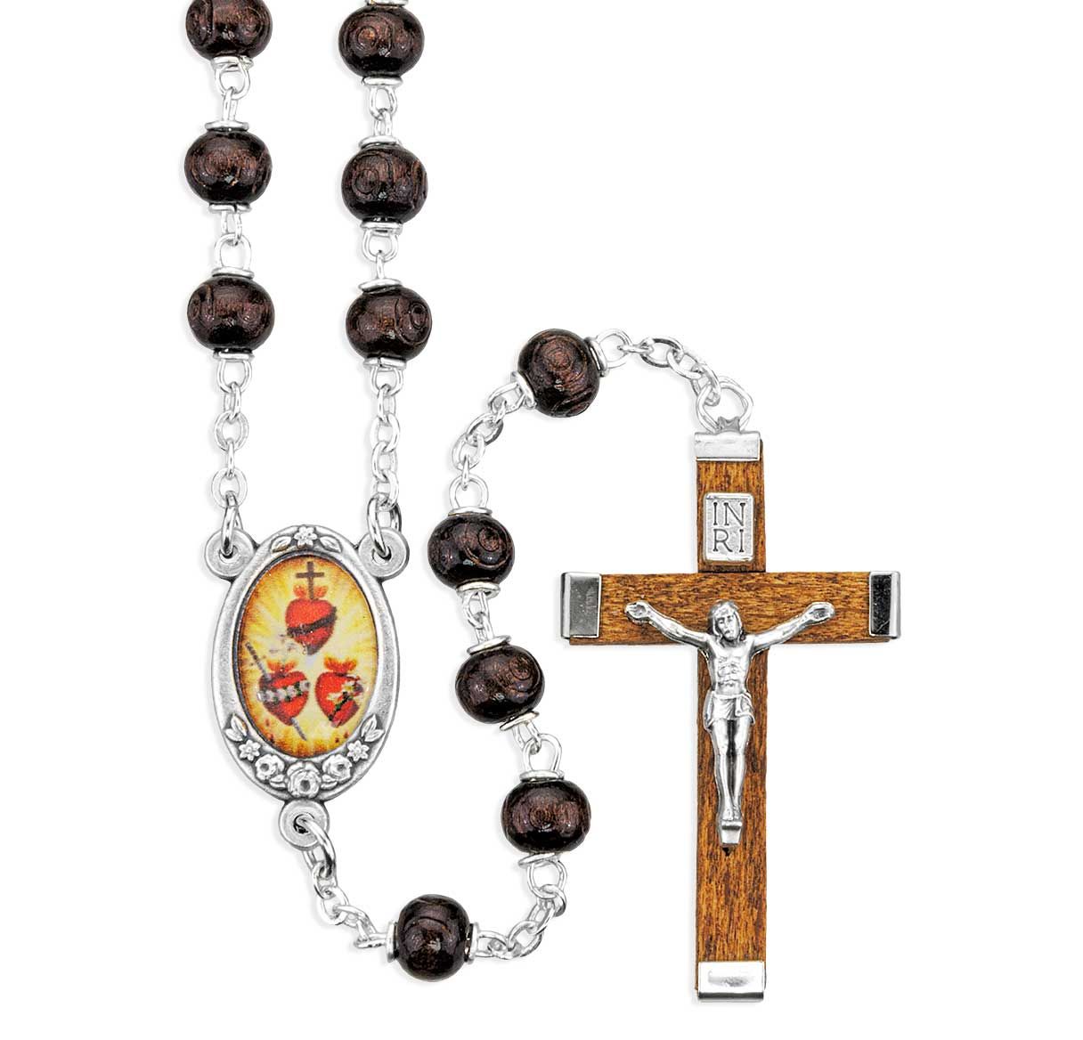 Rosary-JMJ Three Hearts-Carved Boxwood Beads-Maroon