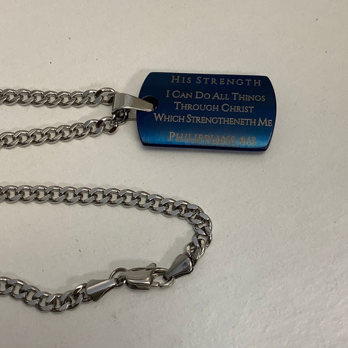 Necklace-Php 4:13-Guardian Shield Cross-Blue-Christ My Strength-24"