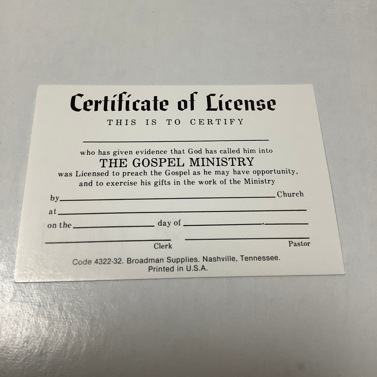 Certificate of License-Ministry-Wallet Size