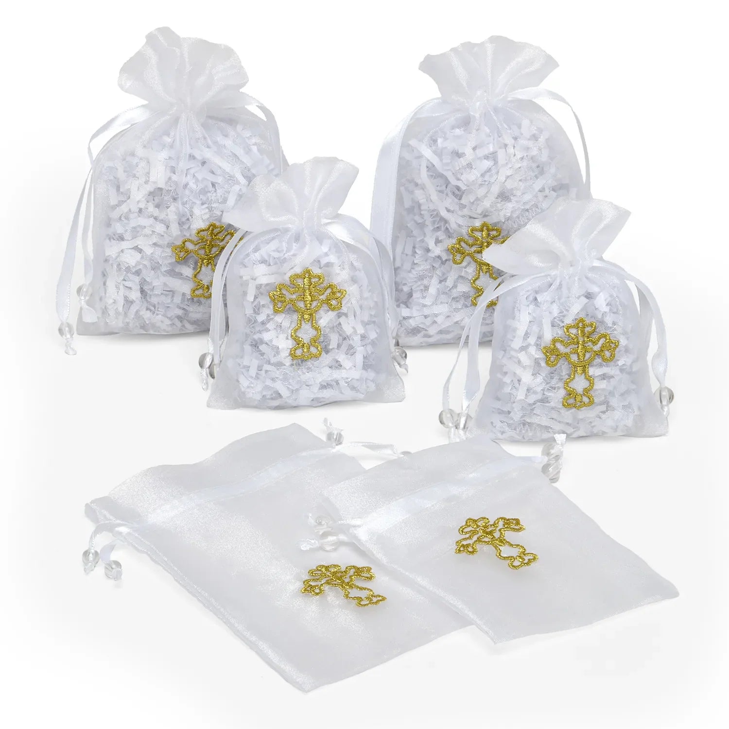 Organza Bag-White-Gold Cross-Embroidered