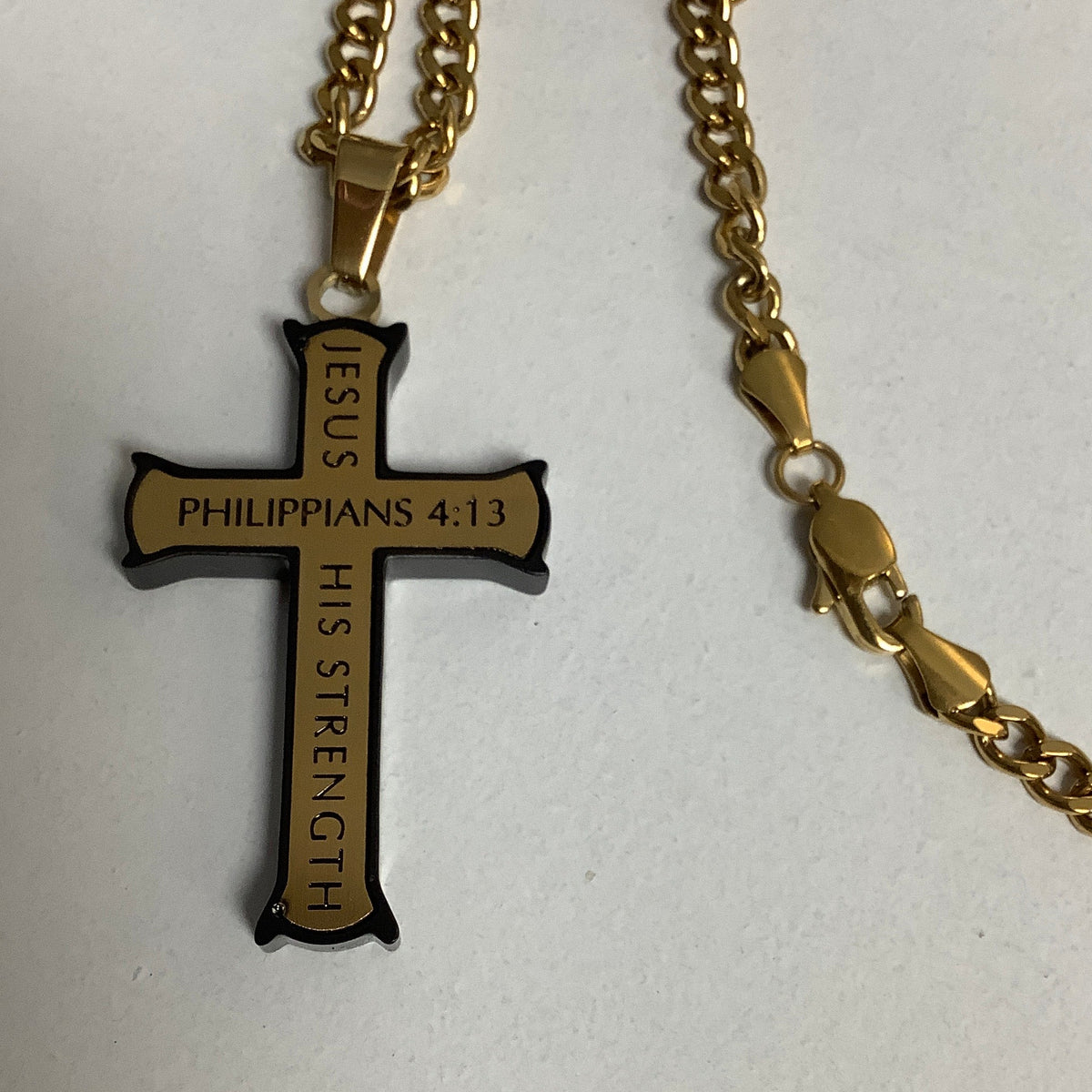 Necklace-Php 4:13-Iron Cross-Christ My Strength-Gold & Black-24"