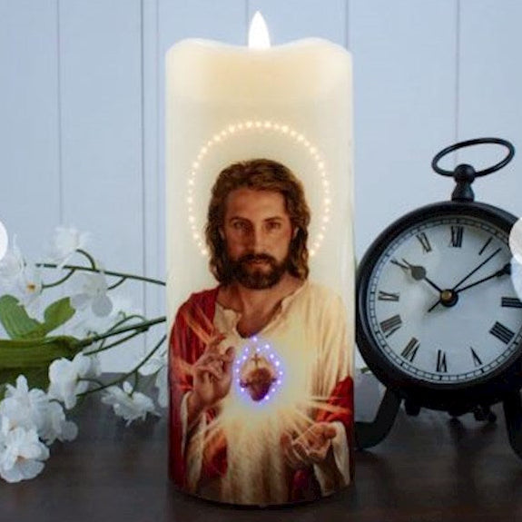 Candle-Fiber Optic LED-7"-Sacred Heart Of Jesus