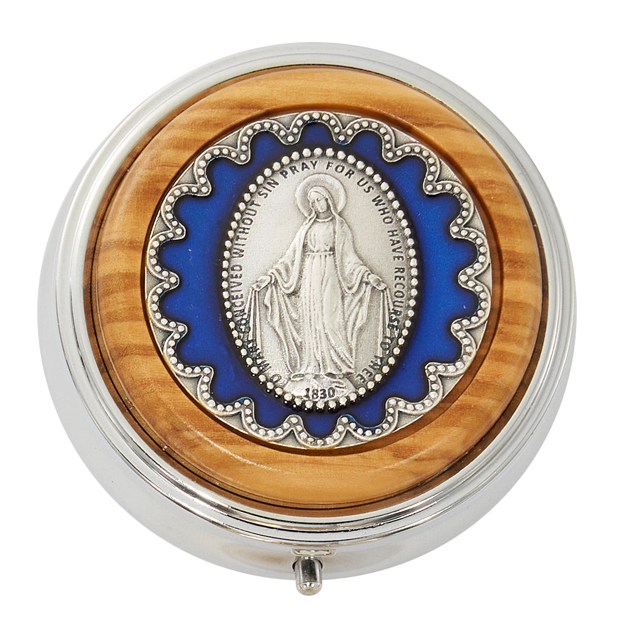 Rosary Case-Miraculous-Silver/Wood/Blue Enamel