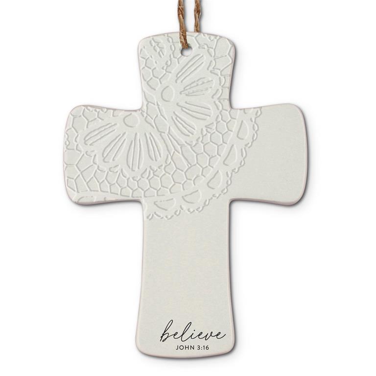 Ornament-Cross W/Lace-Believe