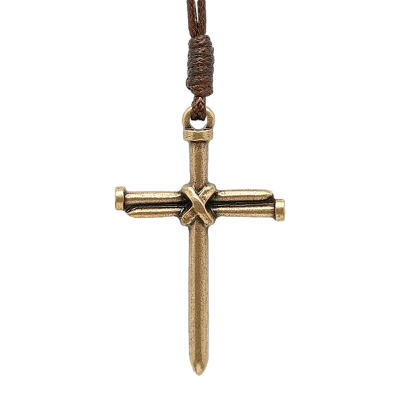 Necklace-Cross-Nail-Antique Gold-Brown Cord