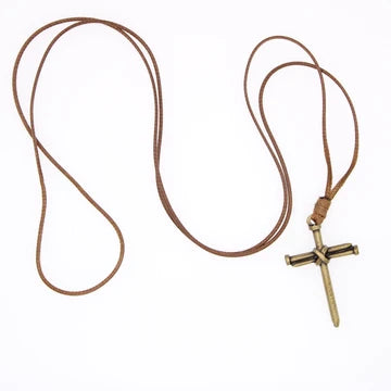 Necklace-Cross-Nail-Antique Gold-Brown Cord