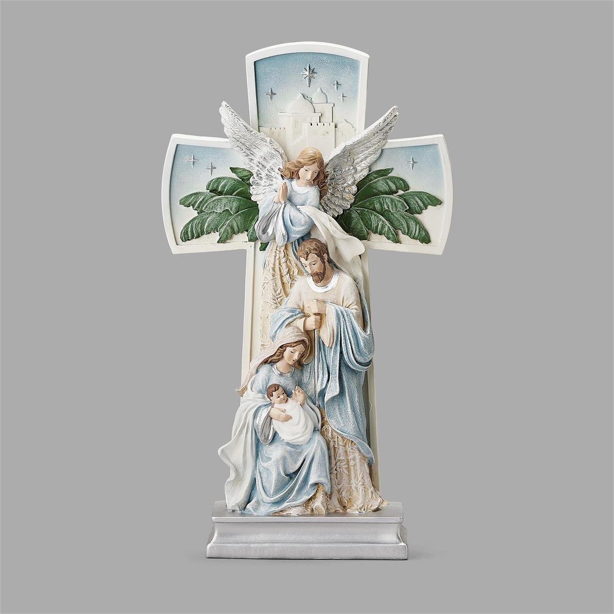 Figurine-Cross-Holy Family-Blue Leaf-11"
