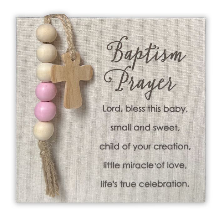 Plaque-Baptism Prayer-Pink-Wood Cross