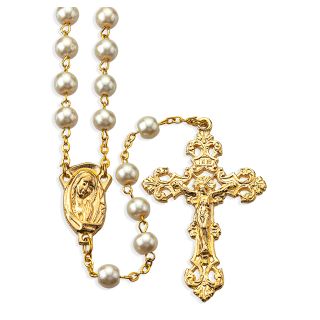 Rosary/Pearl/8mm/Gold Crucifix