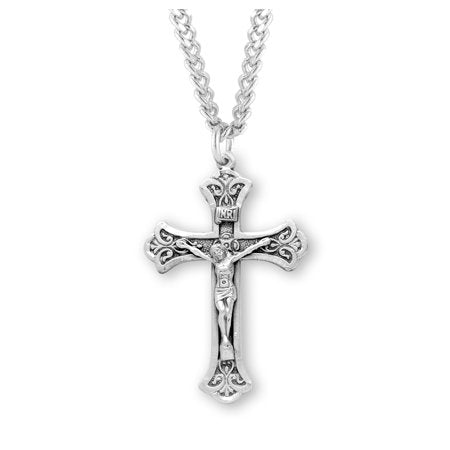 Necklace-SS Crucifix Ornate-Chain 20"-Boxed