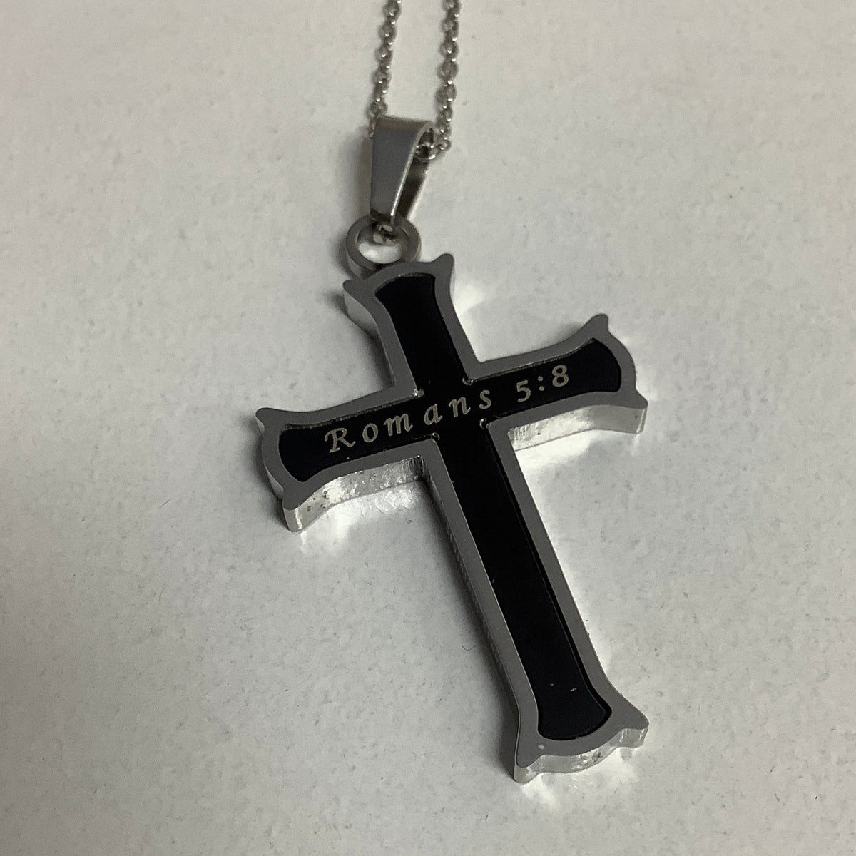 Necklace-Rom 5:8-Girl's Black Iron Cross-Not Perfect