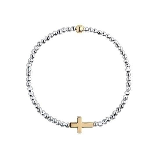 Bracelet-Gold Cross-Silver Beads-Stretch-7"