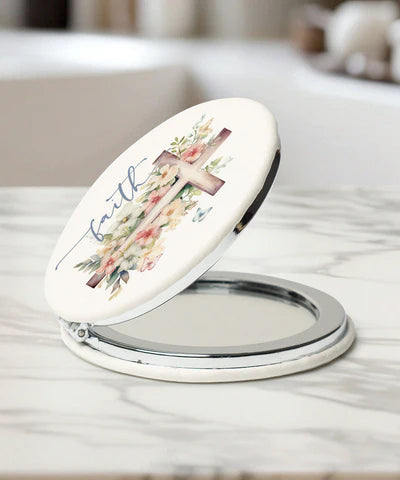 Compact Mirror-Faith-Cross w/Flowers Around It-2276