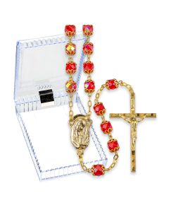 Rosary-Ruby Glass-Double Capped-7mm-Gold