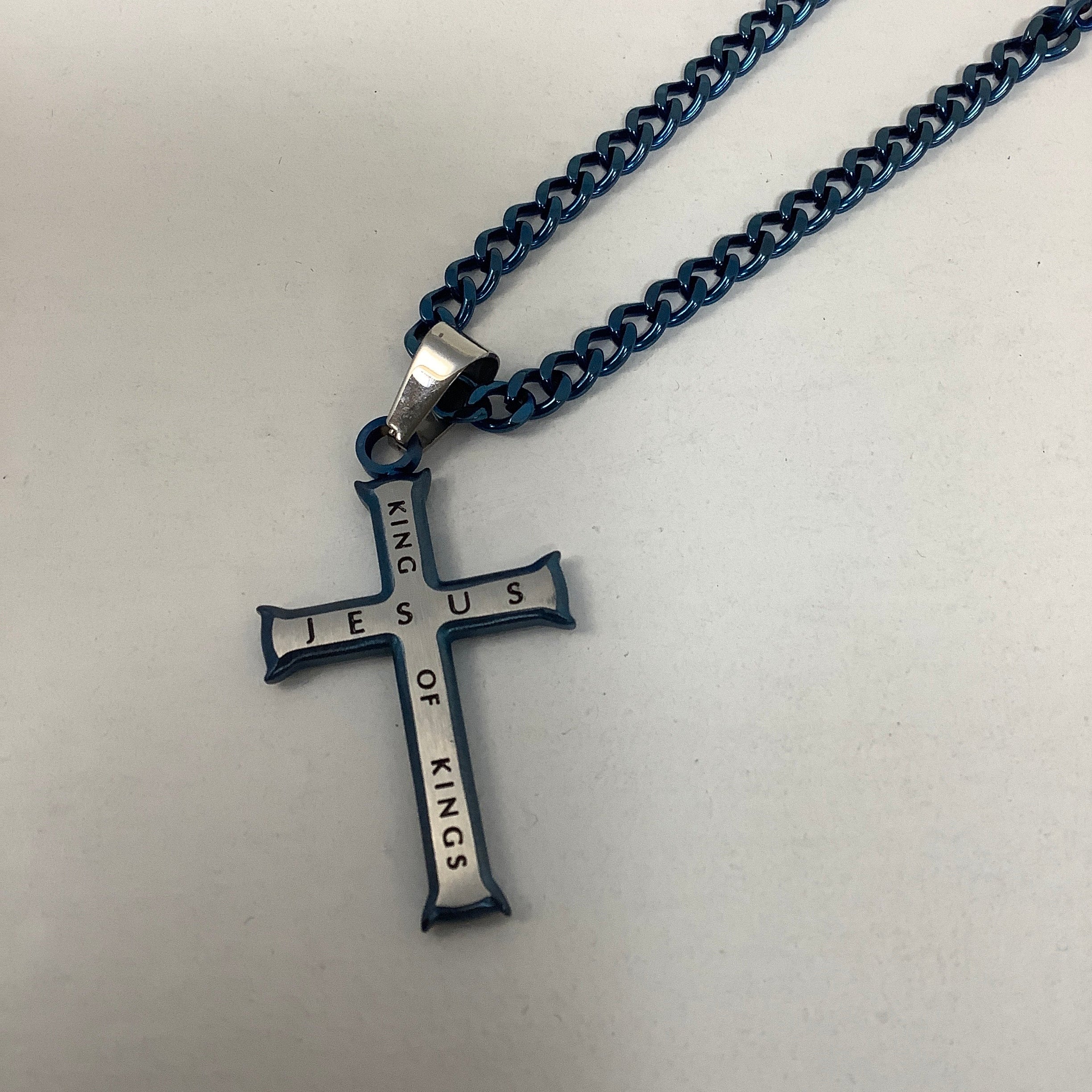 Necklace-Rev 19:16-New Life Cross-Blue King of Kings-24" Curb Chain