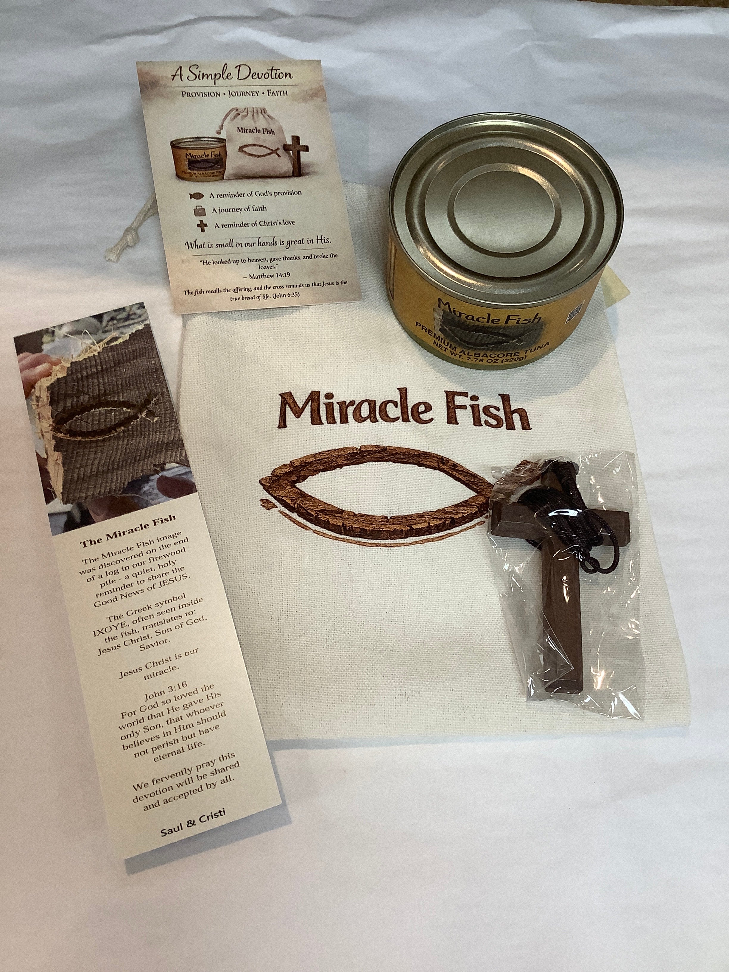 Miracle Fish-Canned Tuna-Wooden Cross Necklace-Bookmark