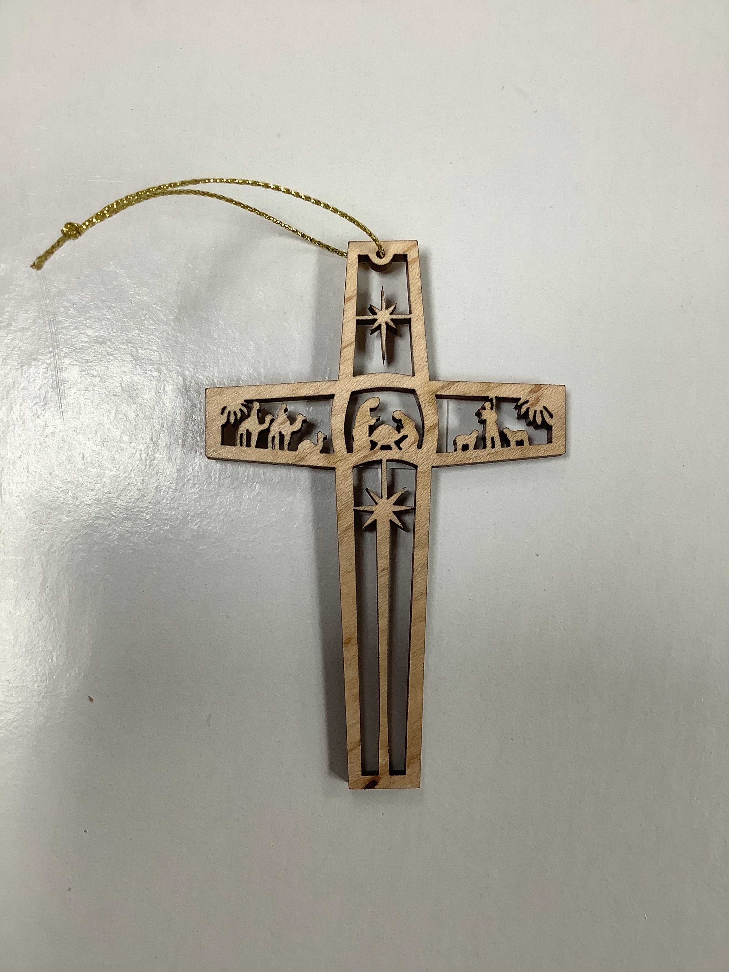 Ornament-Wooden-Cross-Nativity-Gold Cord