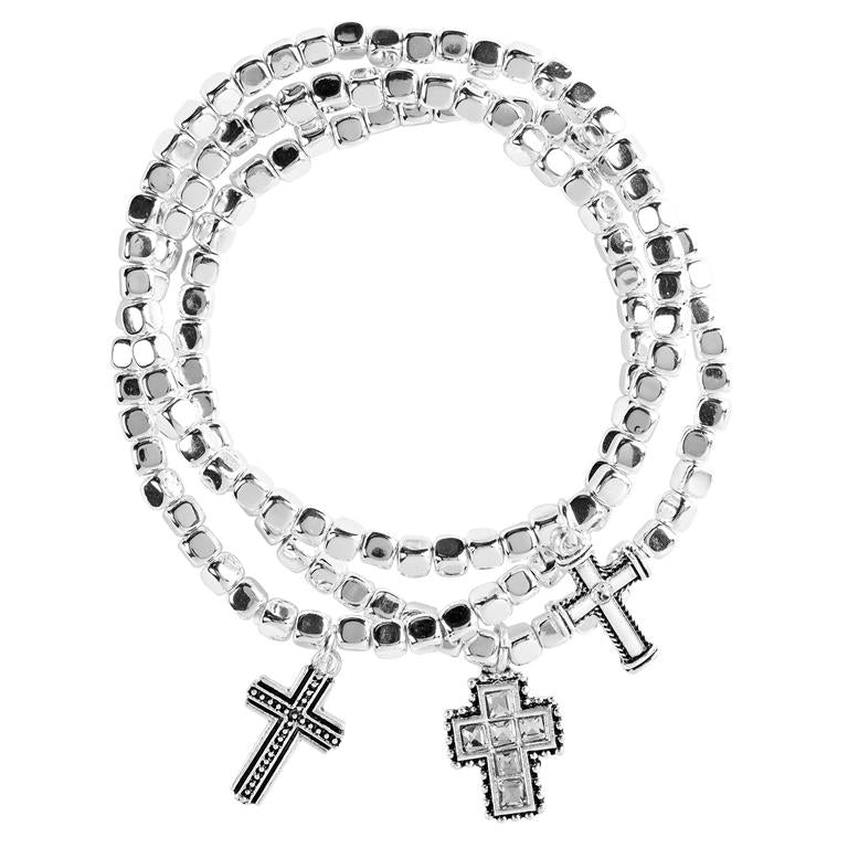 Bracelet-Triple Stack Multi Cross Silver-35-8120T