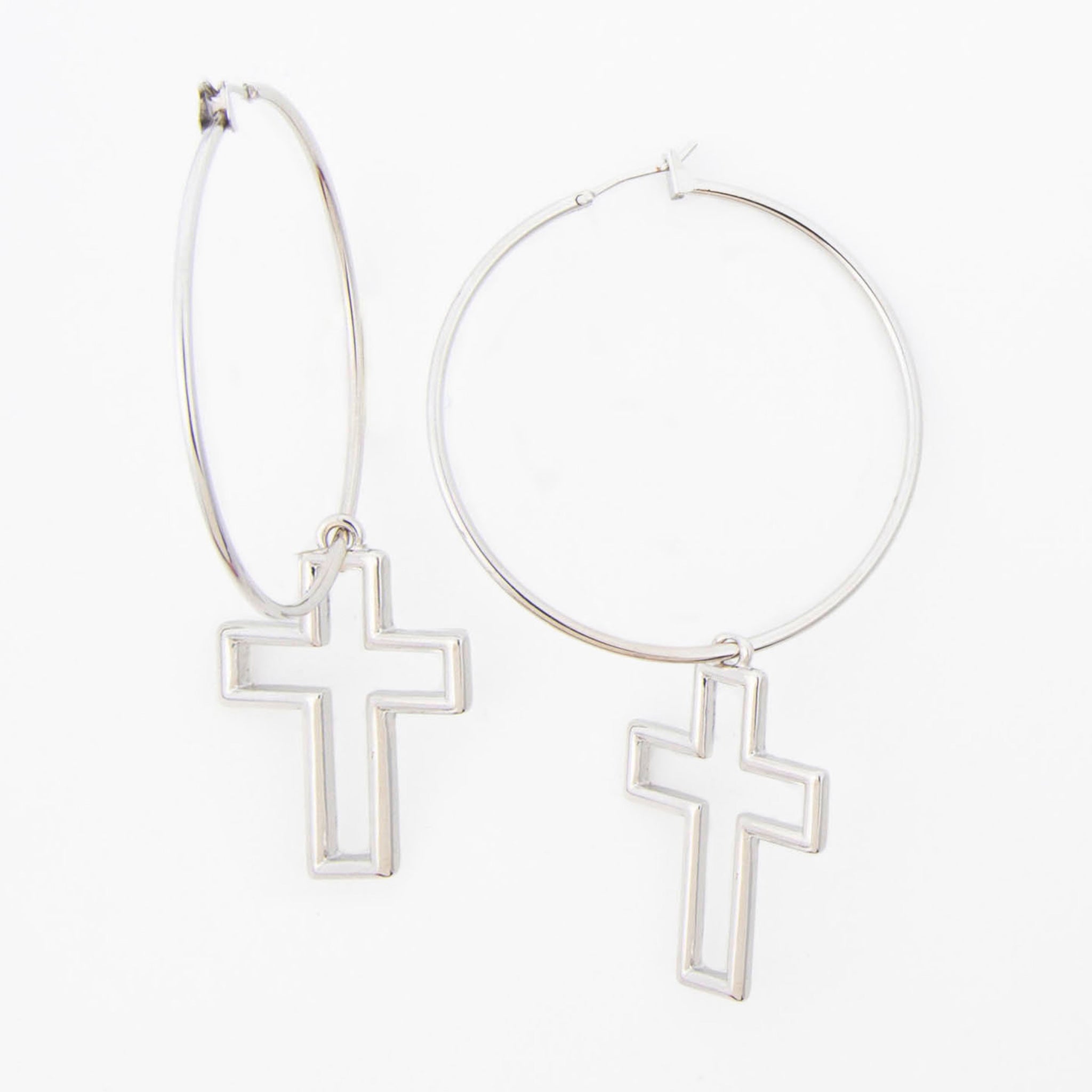 Earrings-Hoop W/Cross-Silver