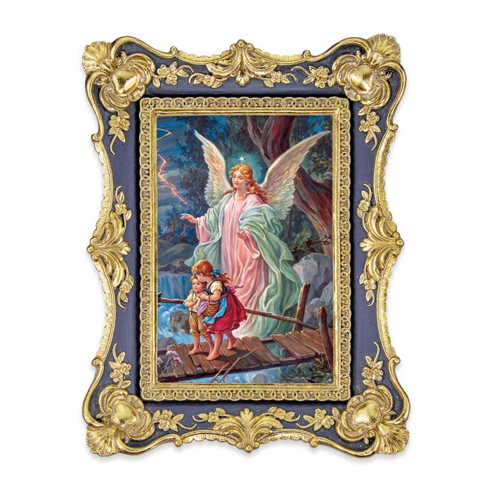 Framed Print-6 1/4" By 8 1/8" Antiqued Dark Blue w/ Gold-Guardian Angel