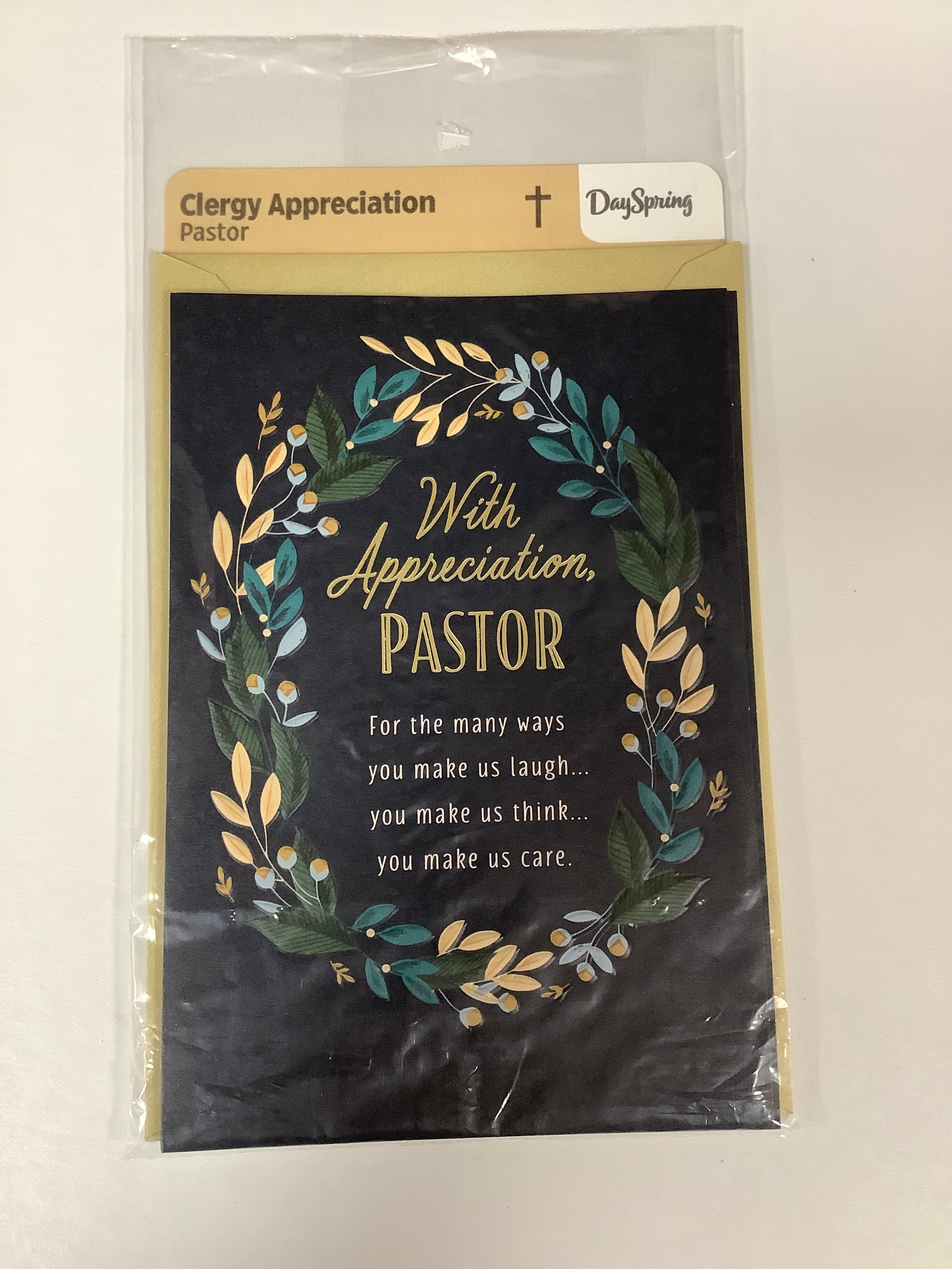 Card-Clergy Appreciation-Wreath Of Greenery Blue Background-J4453
