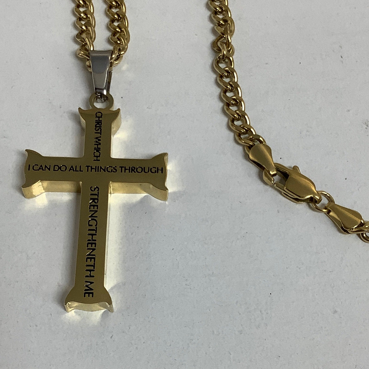 Necklace-Php 4:13-Iron Cross-Christ My Strength-Gold-24"
