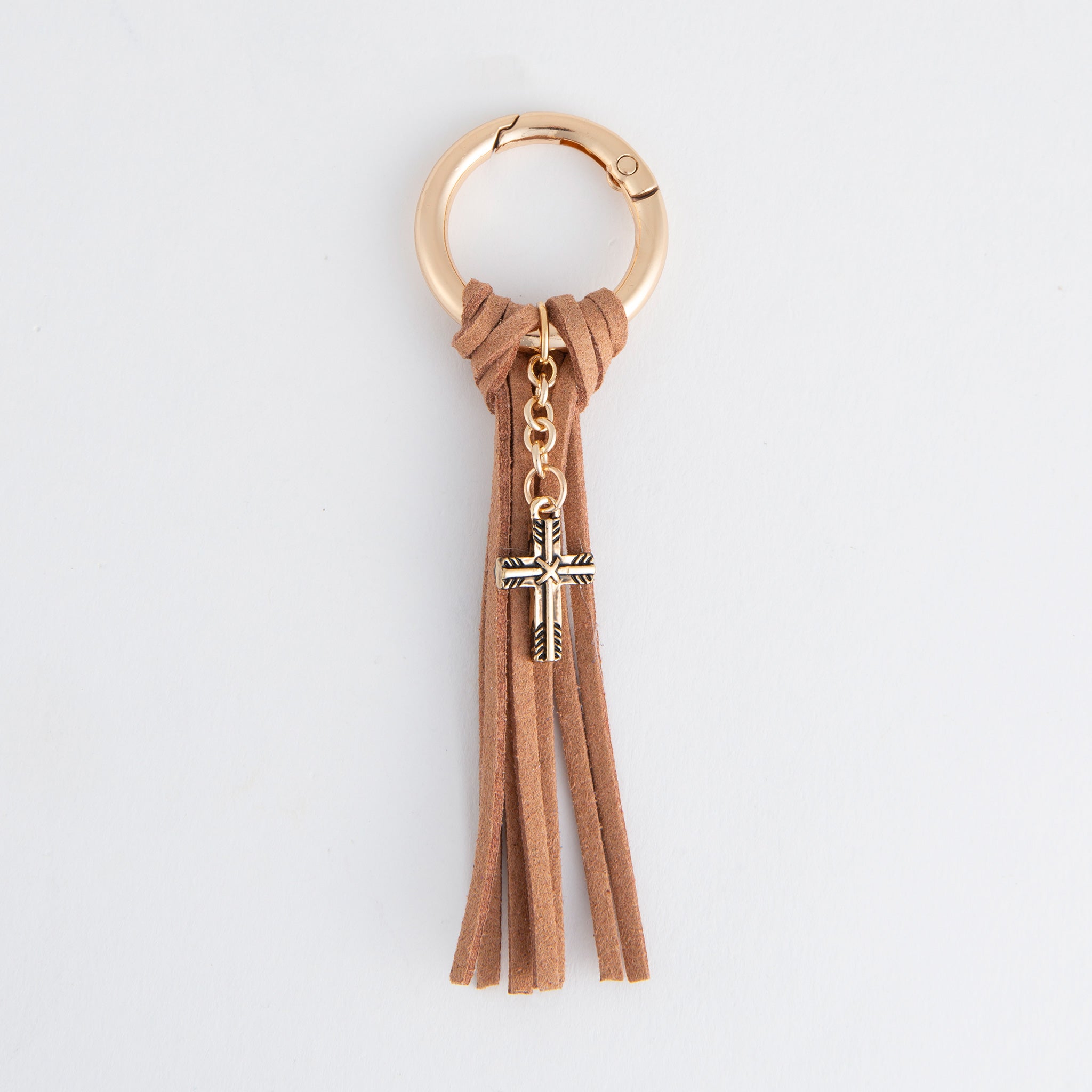 Keychain-Cross Charm-Tassel-Warm Taupe