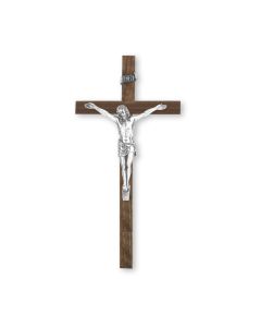 Crucifix-Wood-10"-Lacquered Walnut-Silver Corpus