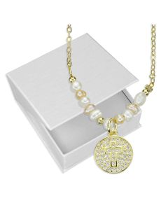Necklace-Cross-Gold Tone-W/Pearls/Rhinestones