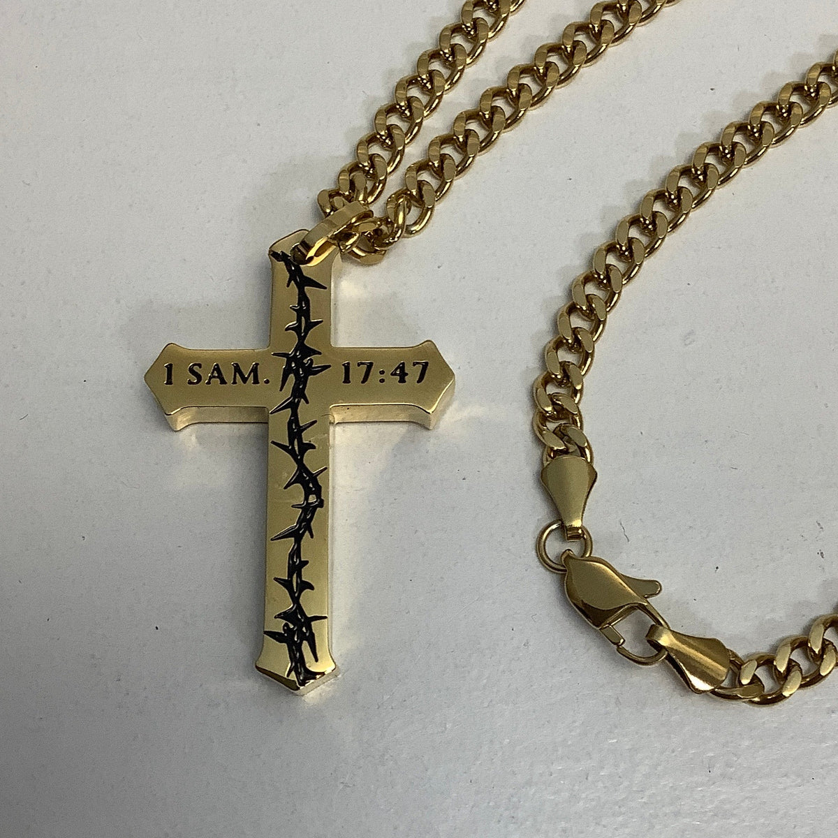 Necklace-1Sa 17:47-Crown of Thorns Iron Cross-Gold-DAVID Curb 24"