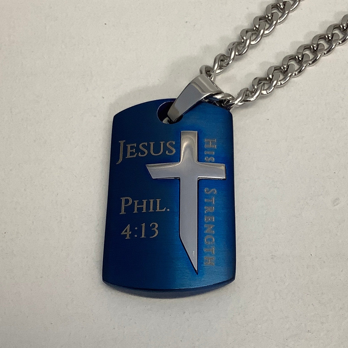 Necklace-Php 4:13-Guardian Shield Cross-Blue-Christ My Strength-24"