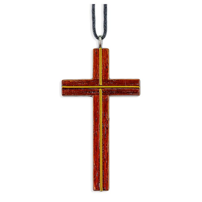 Necklace-Cross-Wooden-Brown with Brass Inlay-2 1/4"