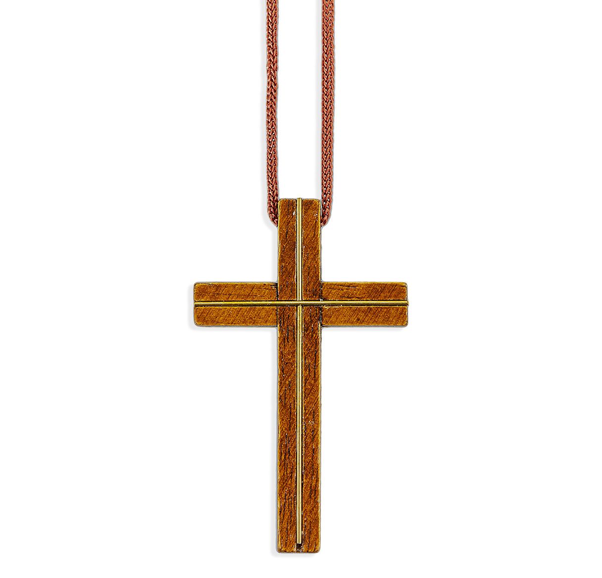 Necklace-Cross-Teak Wooden-Brass Inlay-3 1/4"
