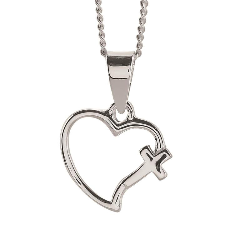 Necklace-Open Heart Cross-Silver Plated