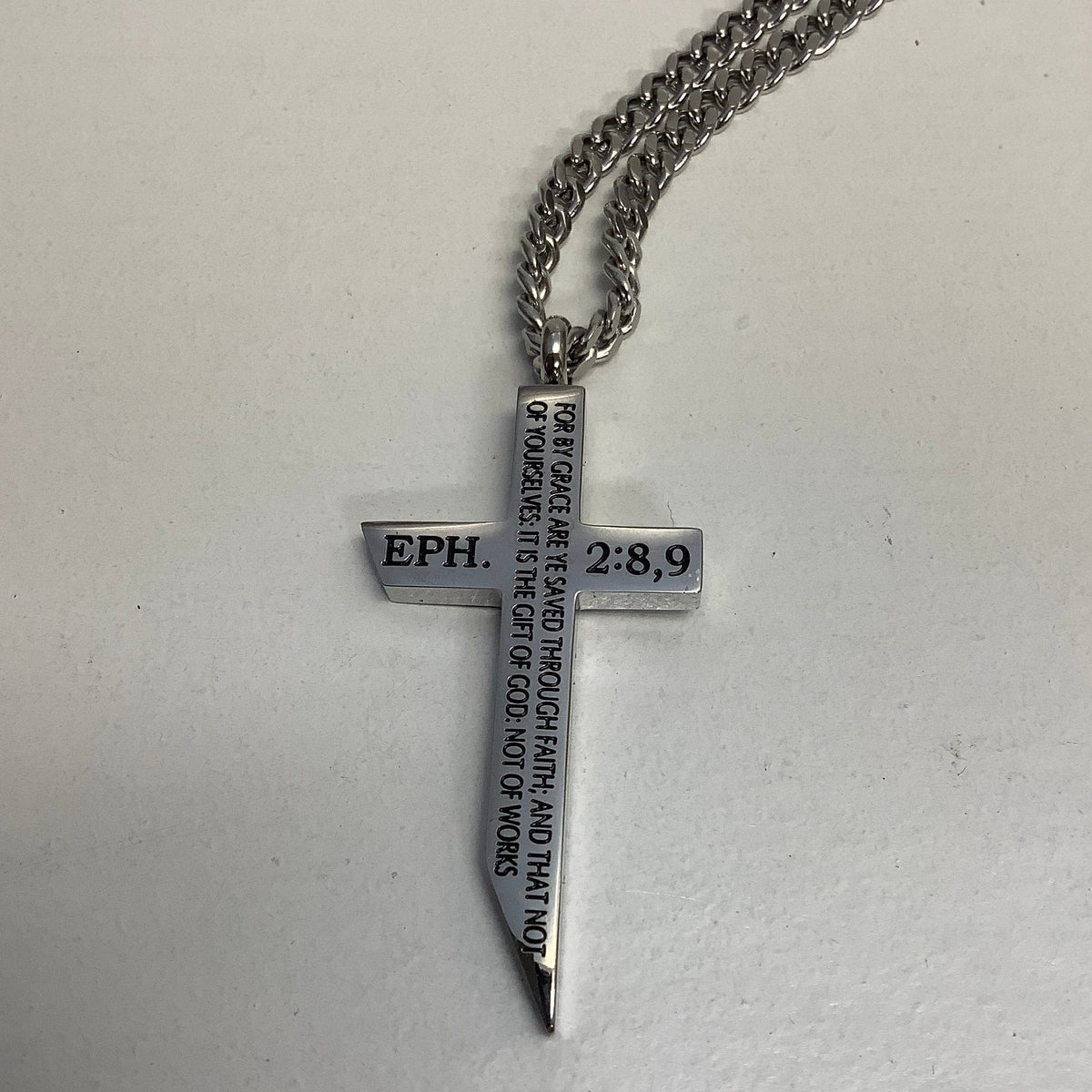 Necklace-Eph 2:8-9-Angle Cross-Saved By Grace-24"