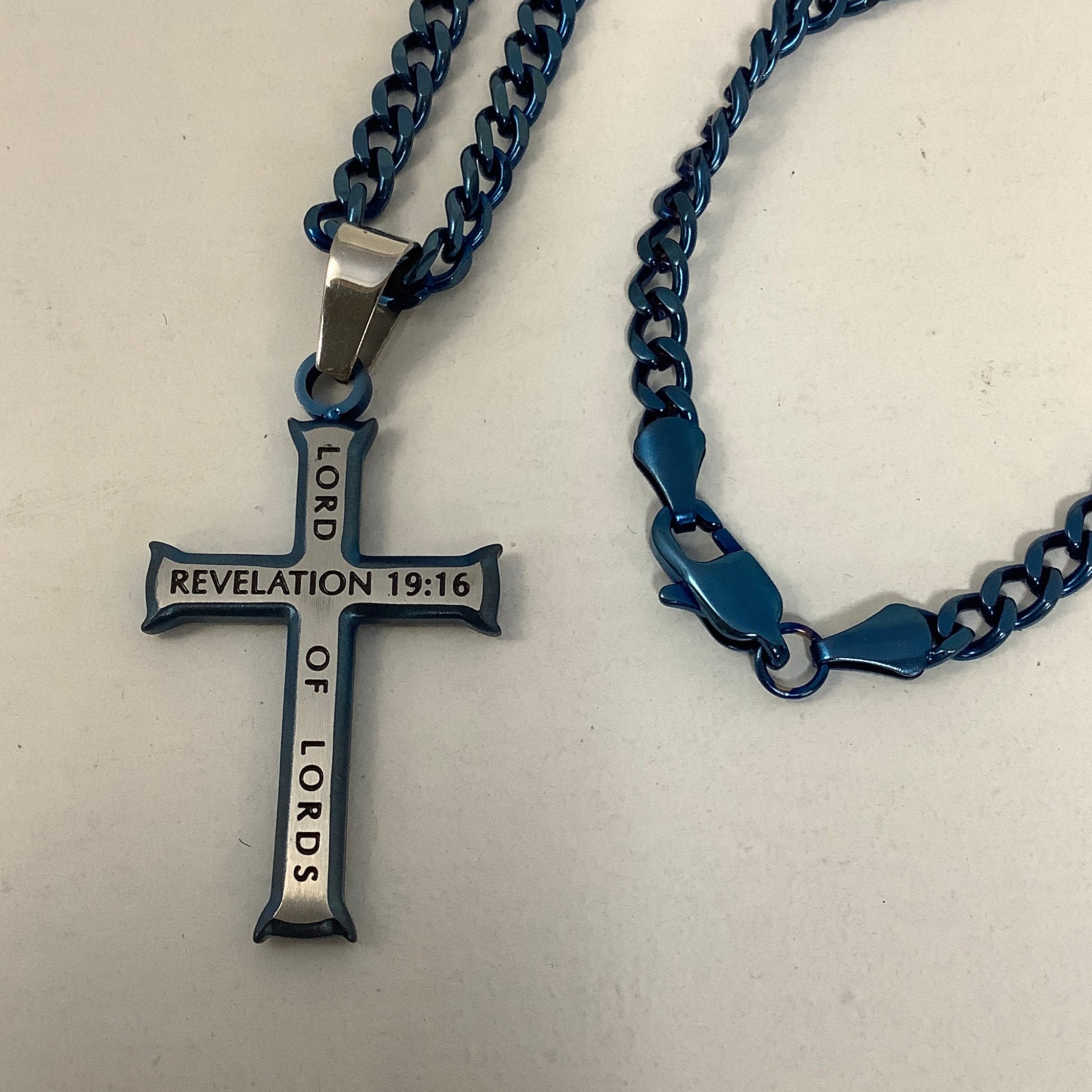 Necklace-Rev 19:16-New Life Cross-Blue King of Kings-24" Curb Chain