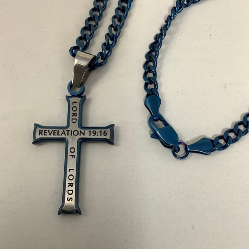 Necklace-Rev 19:16-New Life Cross-Blue King of Kings-24" Curb Chain