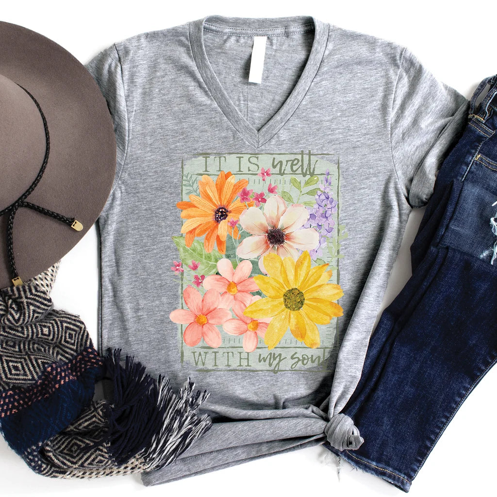 T-Shirt-It Is Well-V Neck