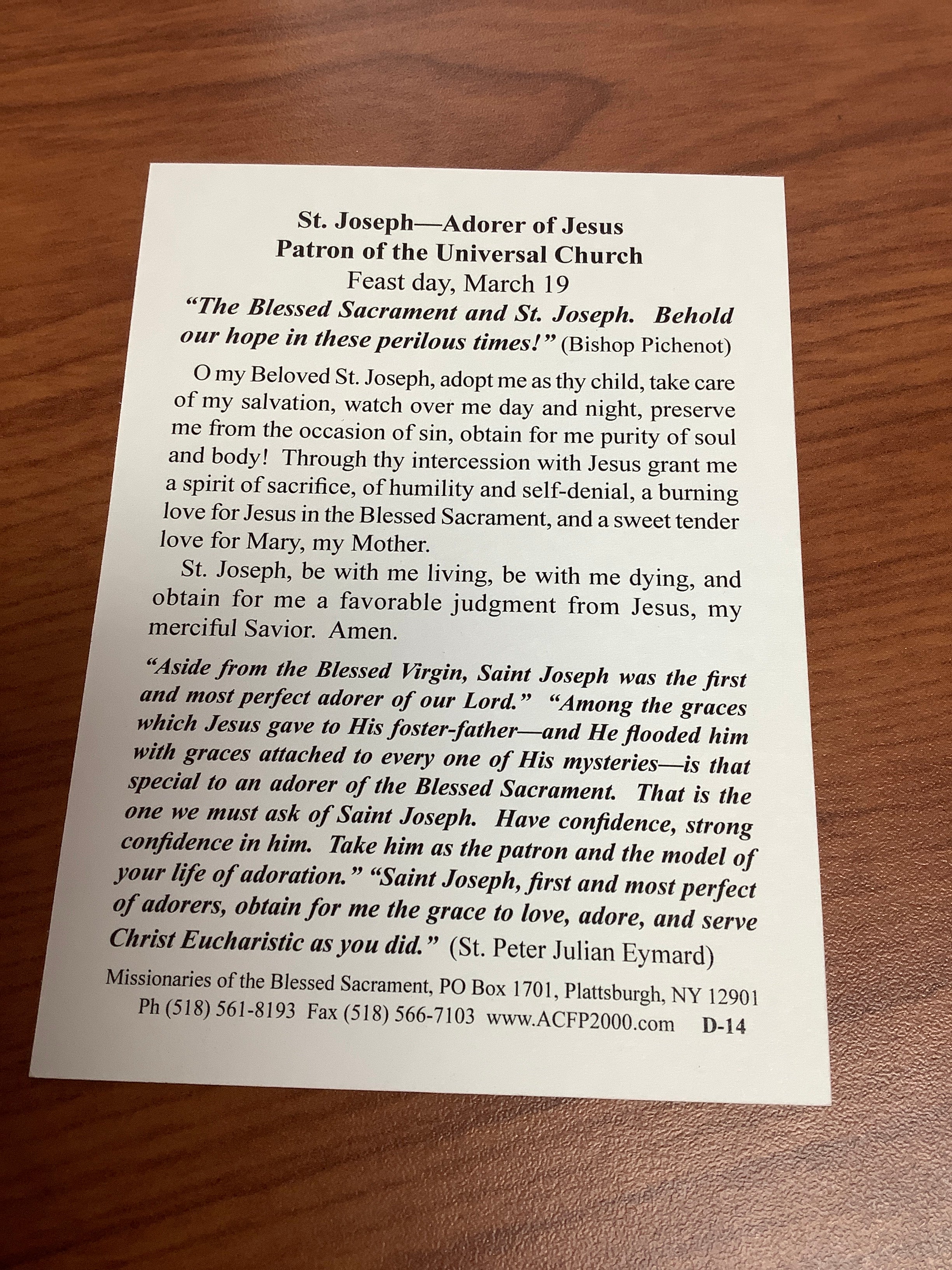 Prayer Card-St. Joseph-Adorer Of Jesus D-14 PrayerCard