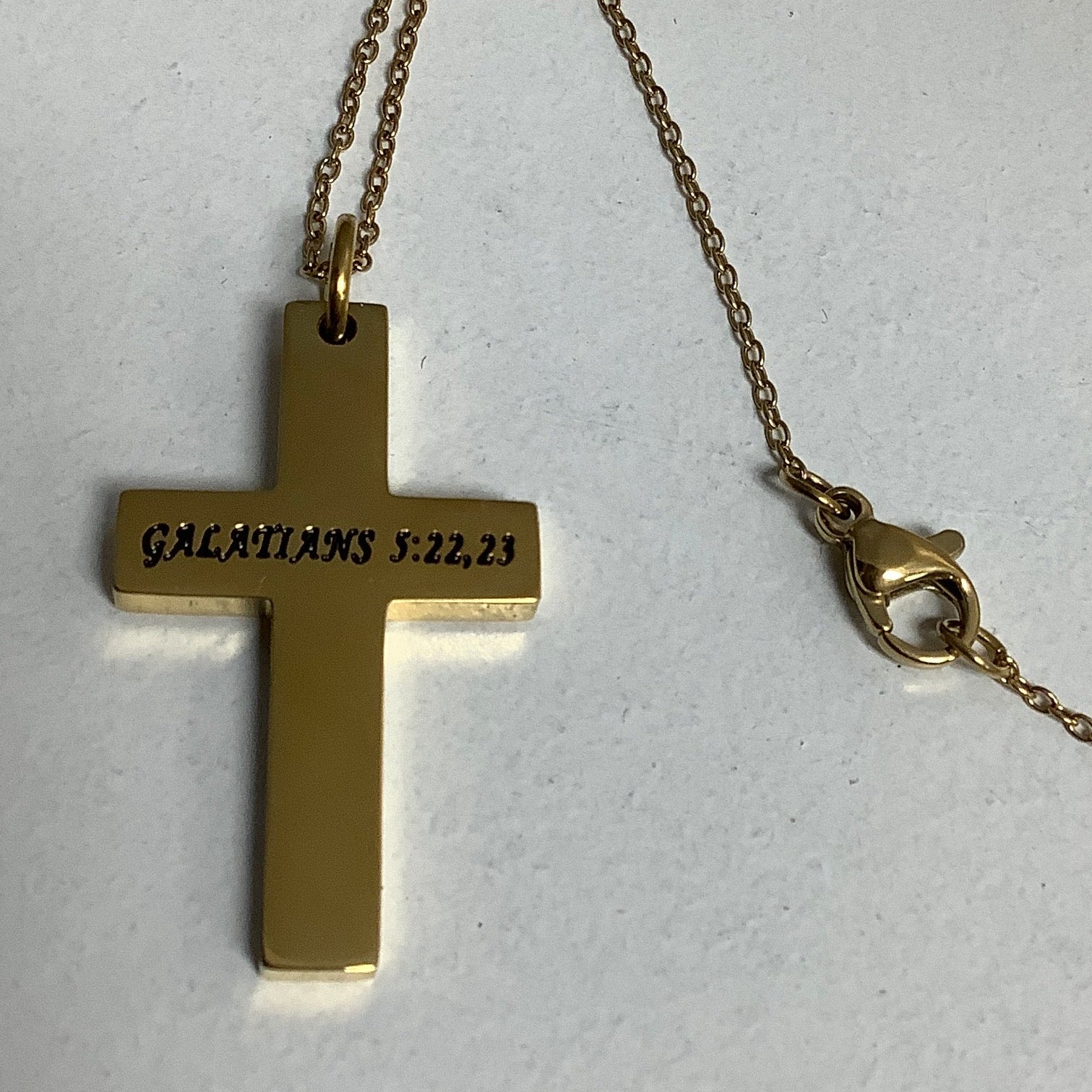 Necklace-Gal 5:22-23-Simplicity Cross-Love Joy Peace-Gold