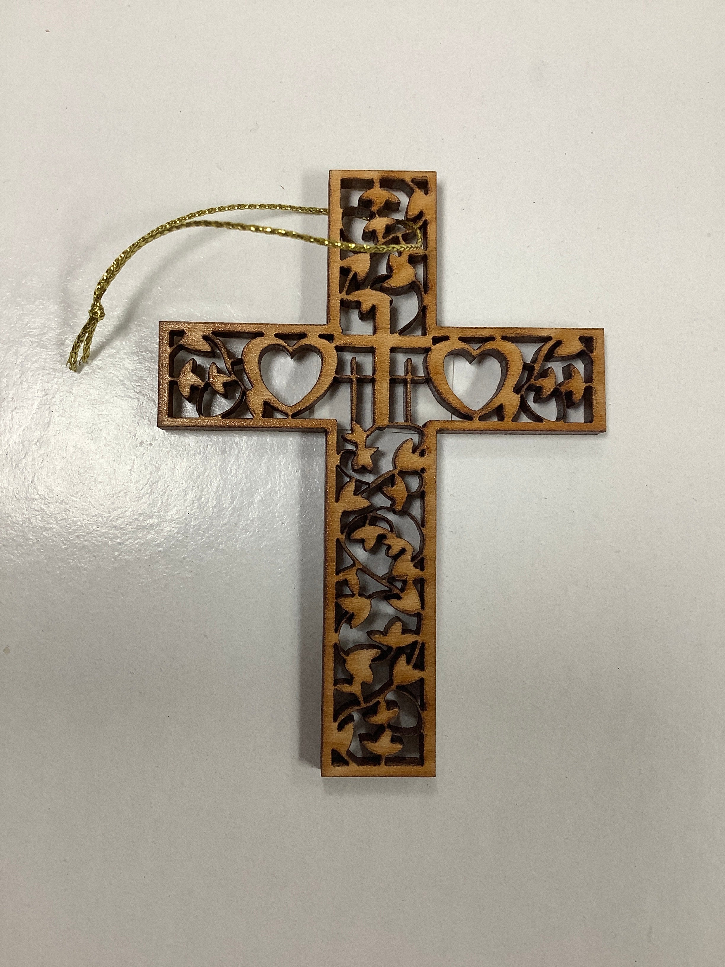 Ornament-Wood-Love Cross-Gold Cord