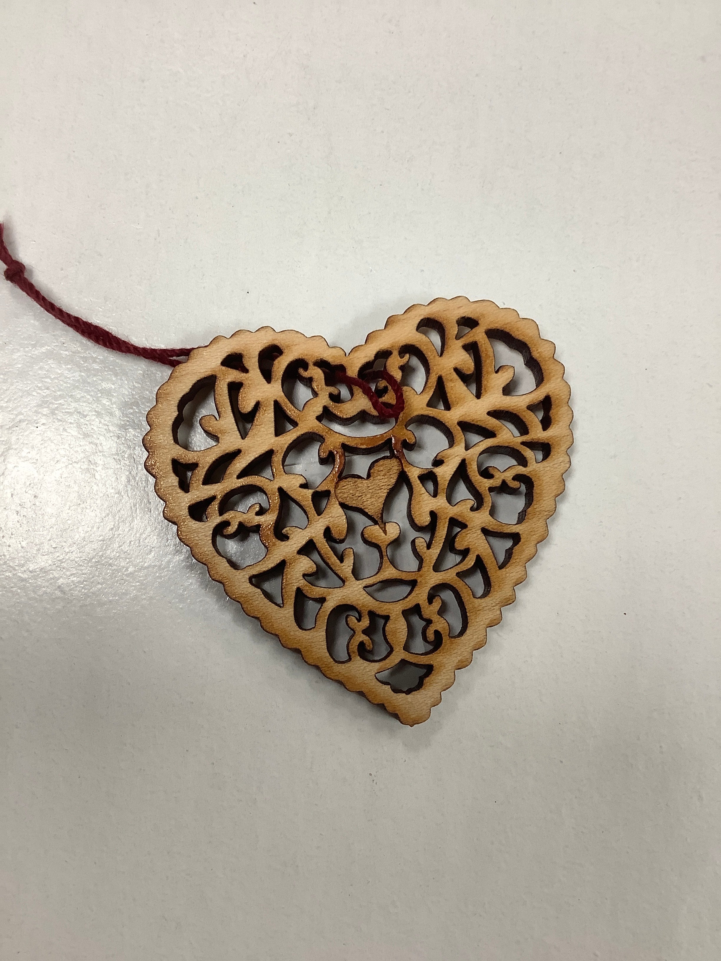 Ornament-Heart With Heart-Wooden-Red String