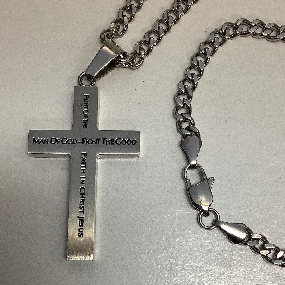 Necklace-1Ti 6:11-12-Silver Diamond Back Cross-Man of God- 24"