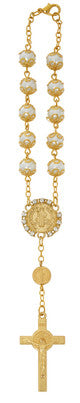 Auto Rosary-St. Benedict-Gold Plate-Pearl-8MM