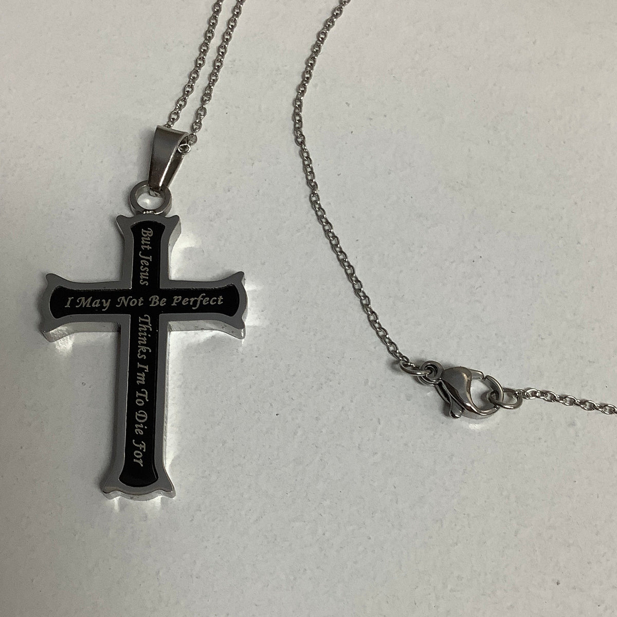 Necklace-Rom 5:8-Girl's Black Iron Cross-Not Perfect