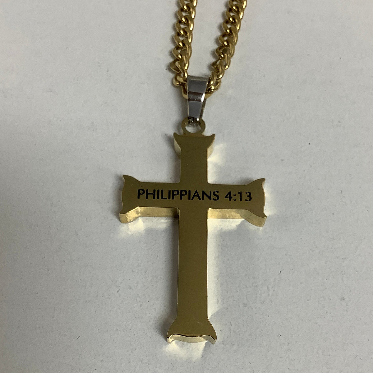 Necklace-Php 4:13-Iron Cross-Christ My Strength-Gold-24"