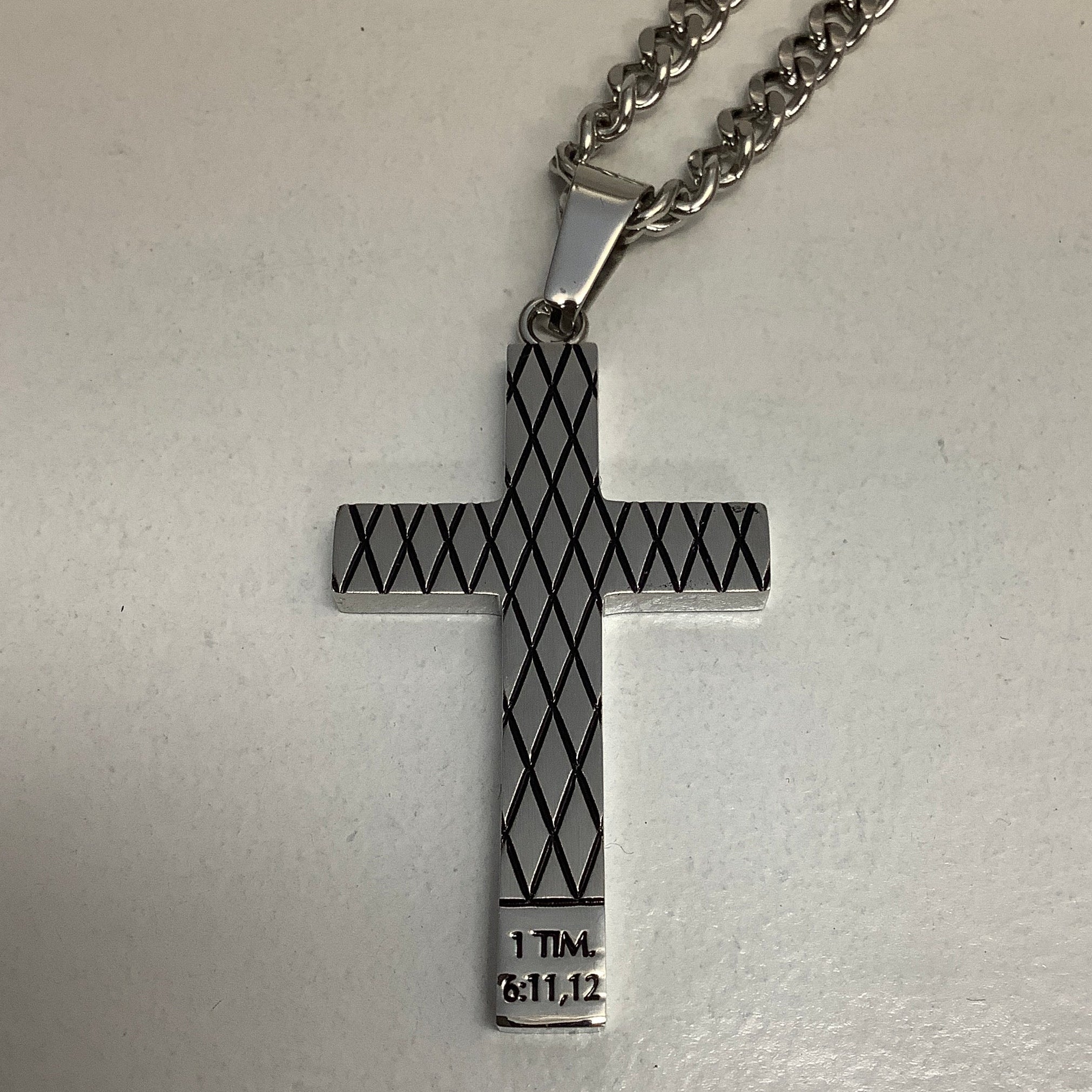 Necklace-1Ti 6:11-12-Silver Diamond Back Cross-Man of God- 24"