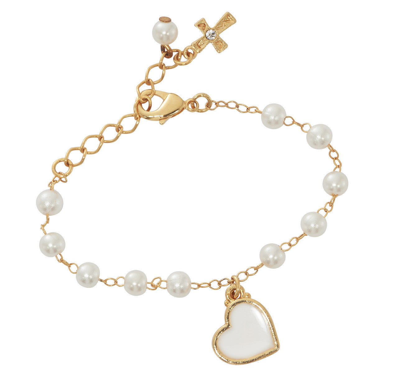 Bracelet-White Glass Pearl-Cross-Heart