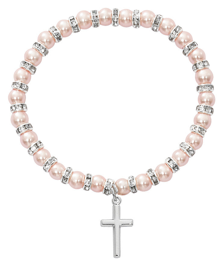 Bracelet/Cross/Pink Pearl/Stretch/5.5"