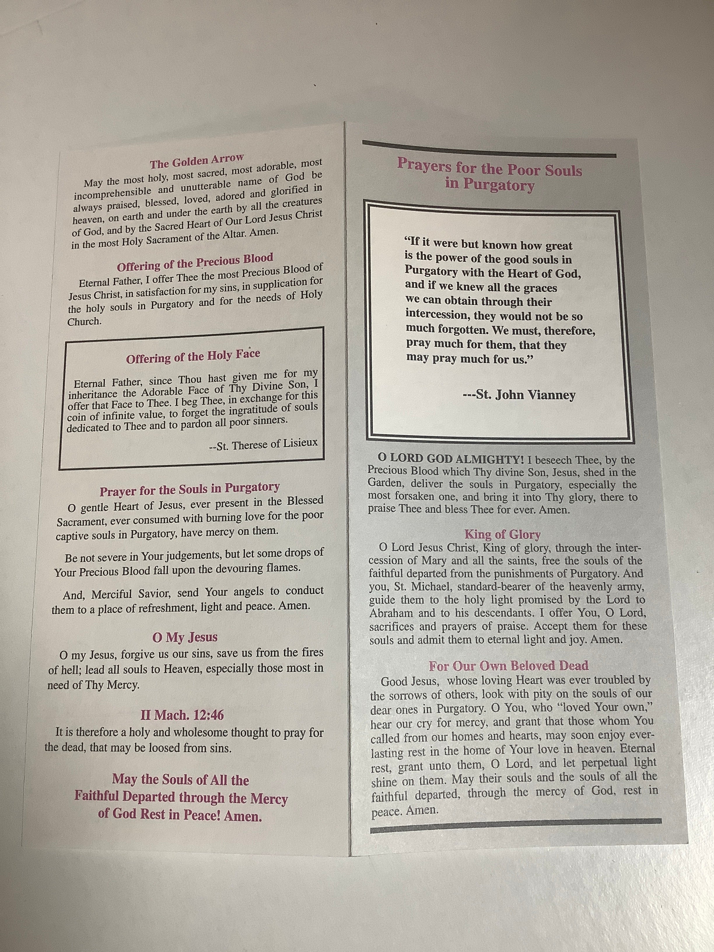 Pamphlet/Prayers For Holy Souls